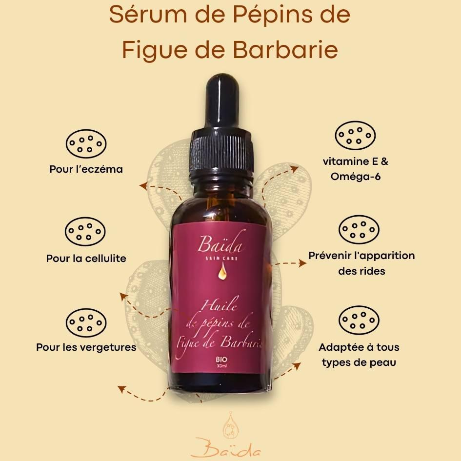 Sérum bio à l'huile de pépins de figue de barbarie - texture et flacon